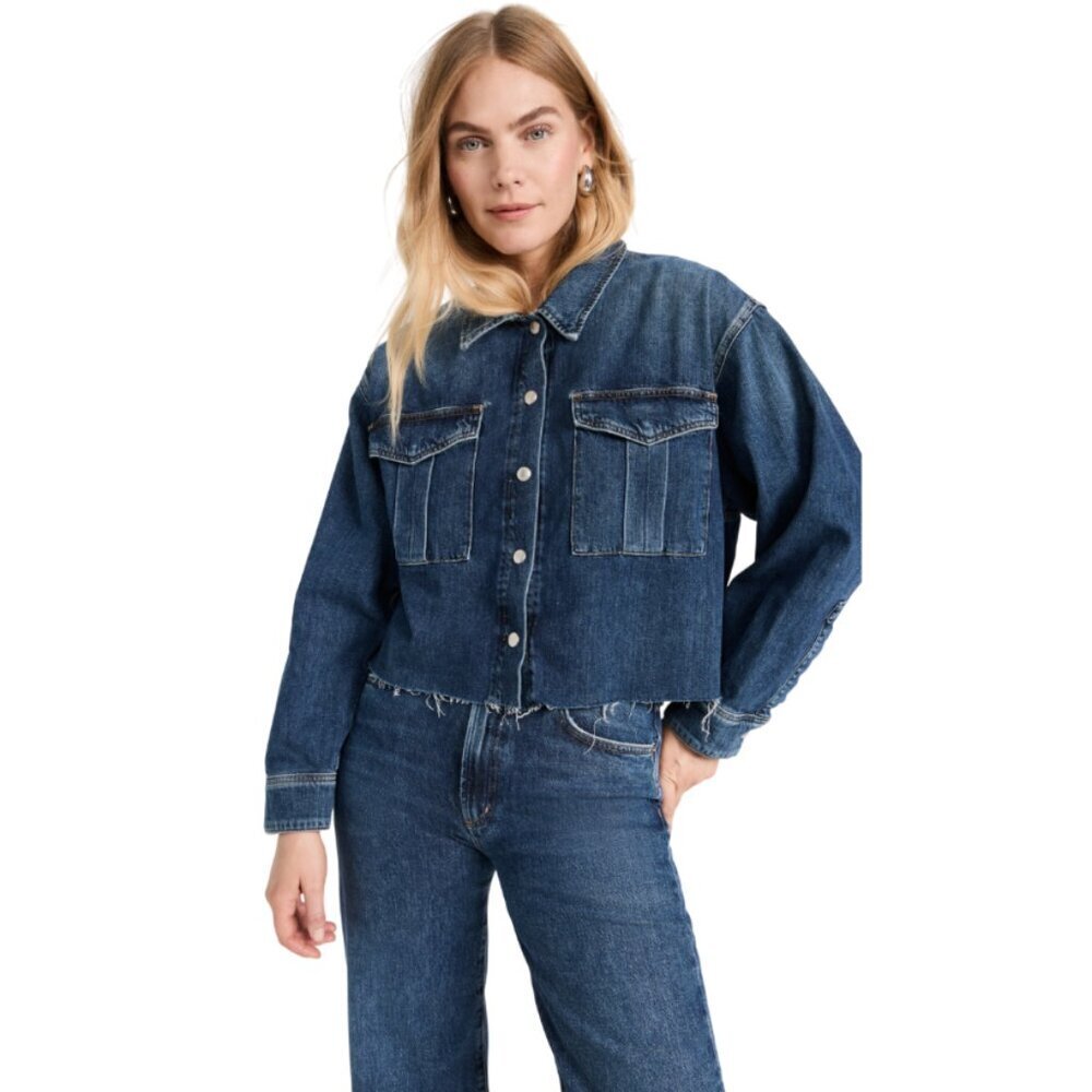 AGOLDE NYX Denim Jean Shirt Jacket Womens XL Dark Blue Long Sleeve Fringe Hem